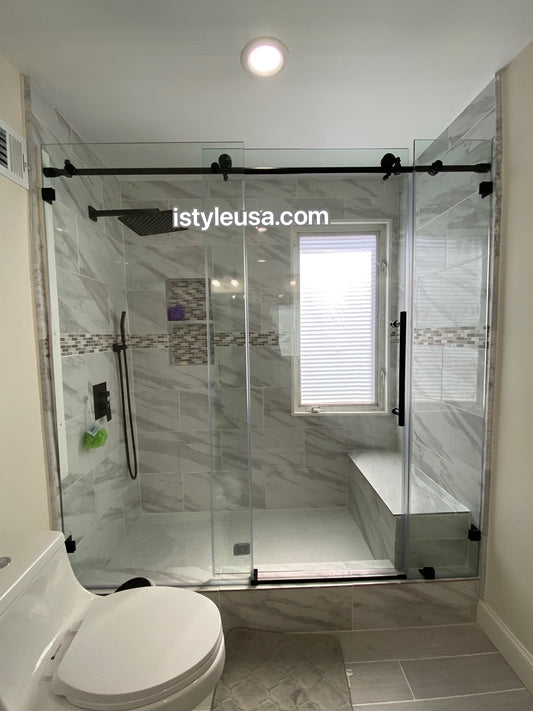 78" Frameless (3 Panels) Single Sliding Shower Door with Klearteck Treatment (3/8" Thickness) (Matte Black) MZ Matthew Series - iStyle Bath