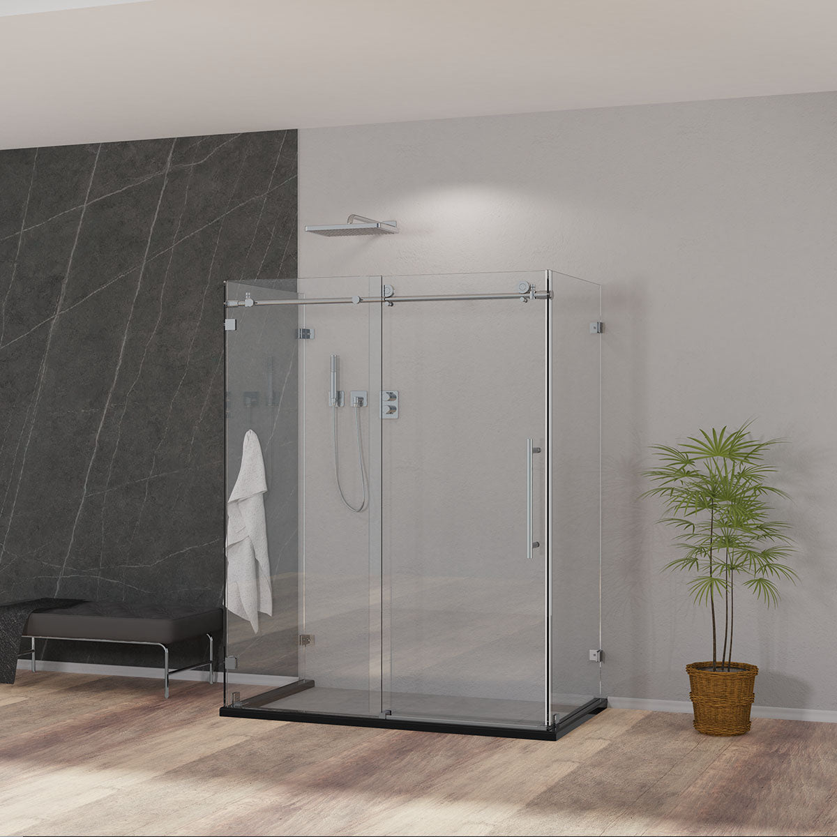 Custom U-Shape, BH01 Frameless Single Sliding Shower Door with Two Return Panels 46"-72" W, RP 28" 30" - 48"D x 76" H (3/8" Thickness) (Chrome, Brushed Nickel, Matte Black & Brushed Gold) in stocks ready to be delivery - iStyle Bath