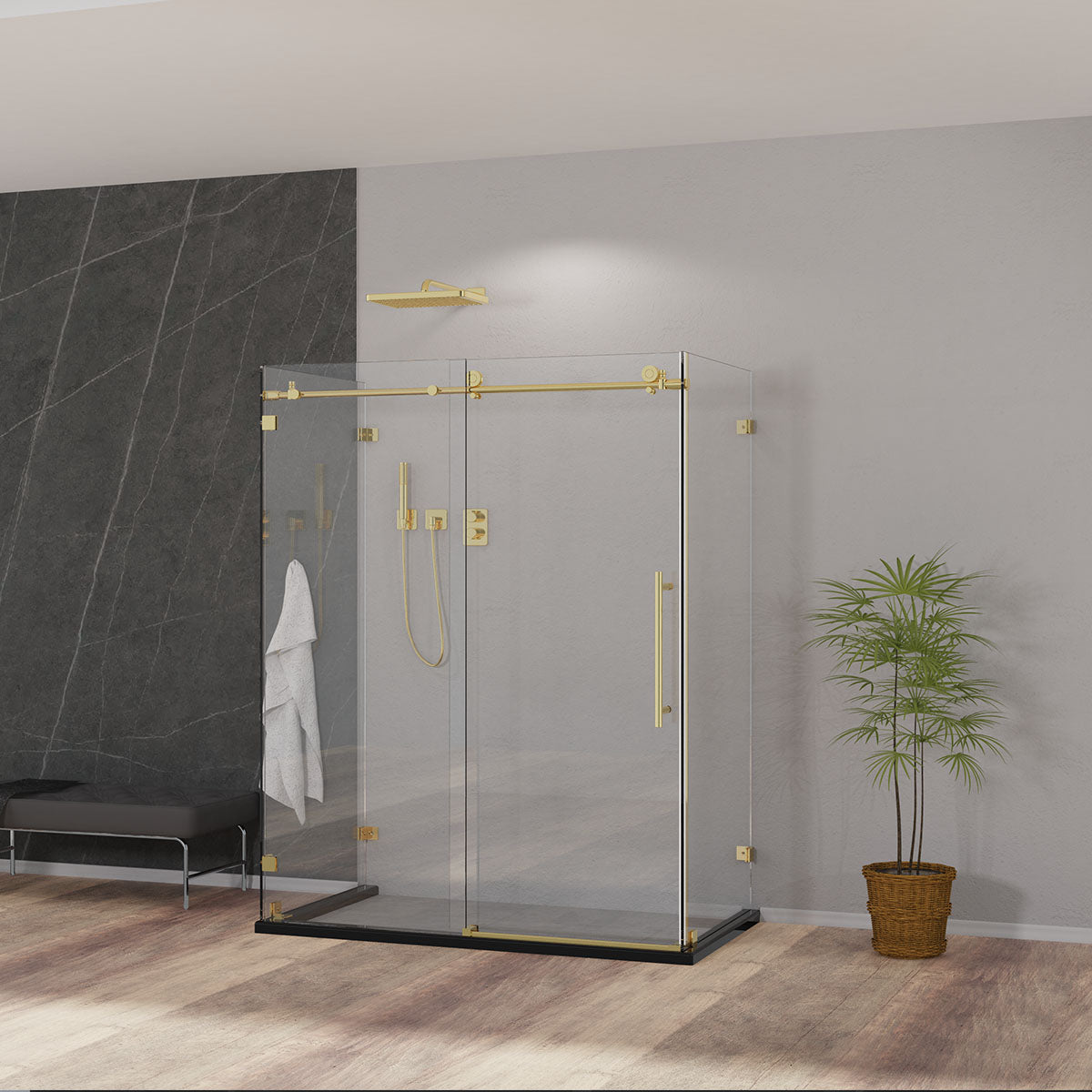Custom U-Shape, BH01 Frameless Single Sliding Shower Door with Two Return Panels 46"-72" W, RP 28" 30" - 48"D x 76" H (3/8" Thickness) (Chrome, Brushed Nickel, Matte Black & Brushed Gold) in stocks ready to be delivery - iStyle Bath
