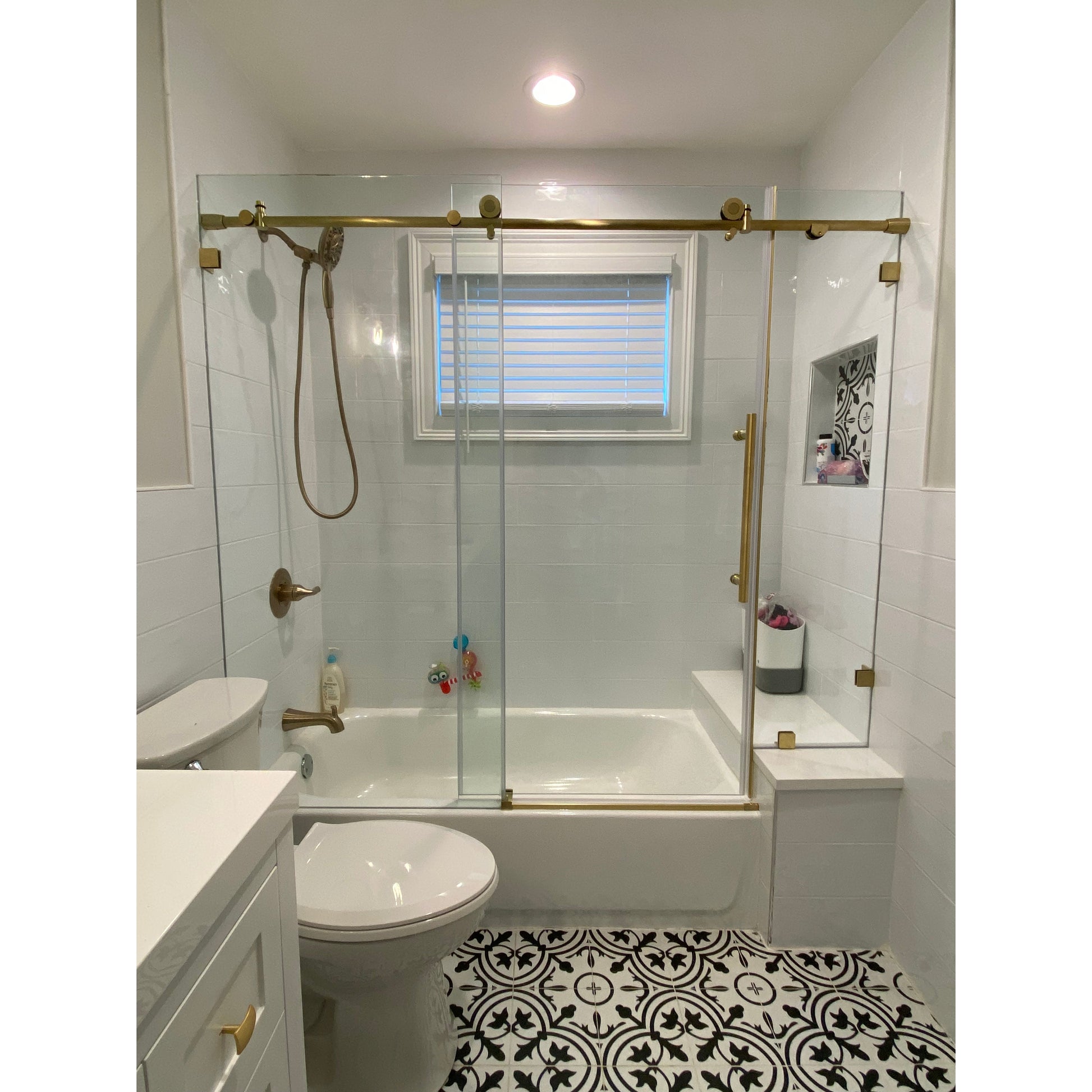 Custom MZ Frameless  Single Sliding Shower Door with Bench/Wall Return Panel     (3/8") (Chrome, Brushed Nickel, Matte Black & Brushed Gold) - iStyle Bath