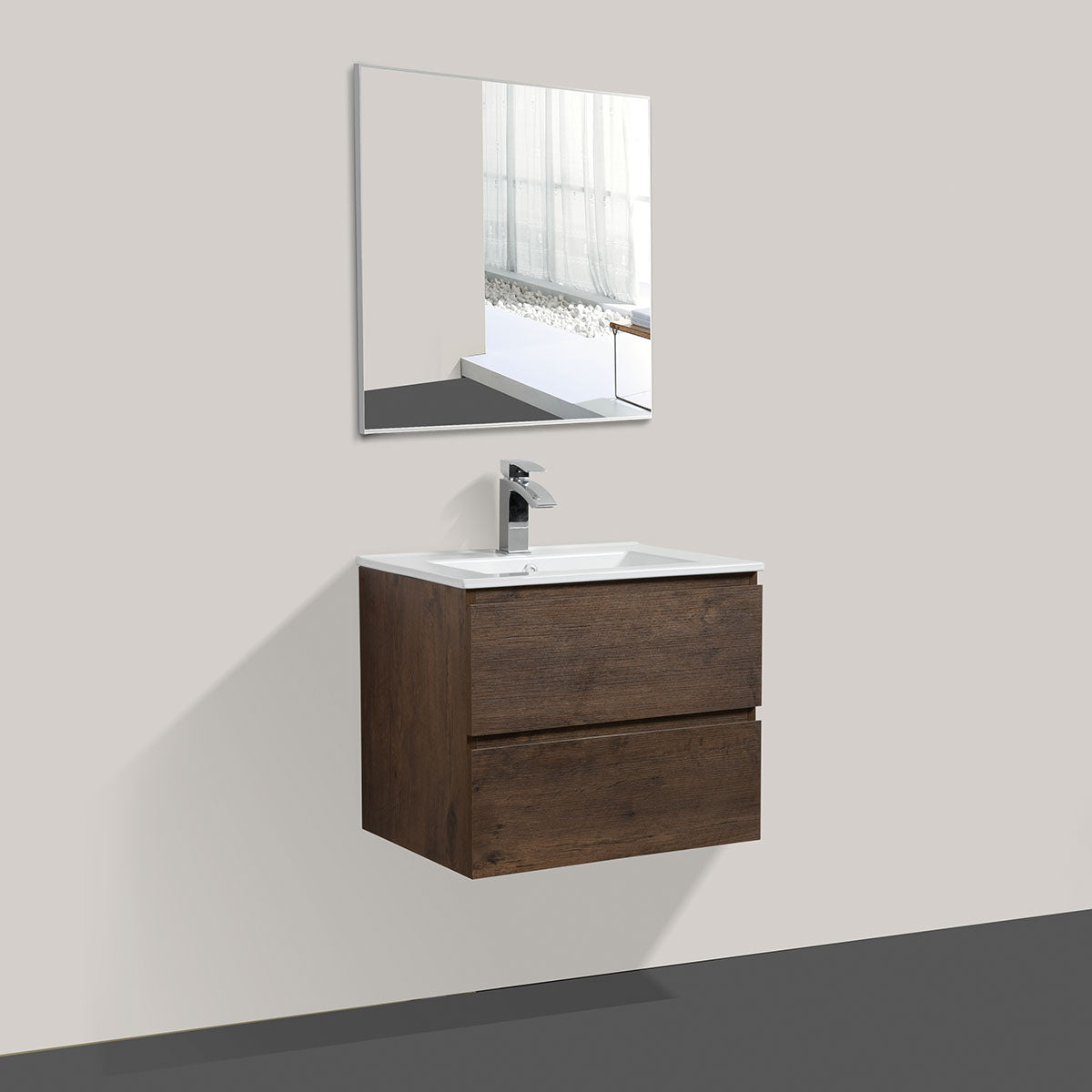 24" Angela Wall Hung Vanity & Ceramic Sink (Rose Wood） V9005 Series - iStyle Bath
