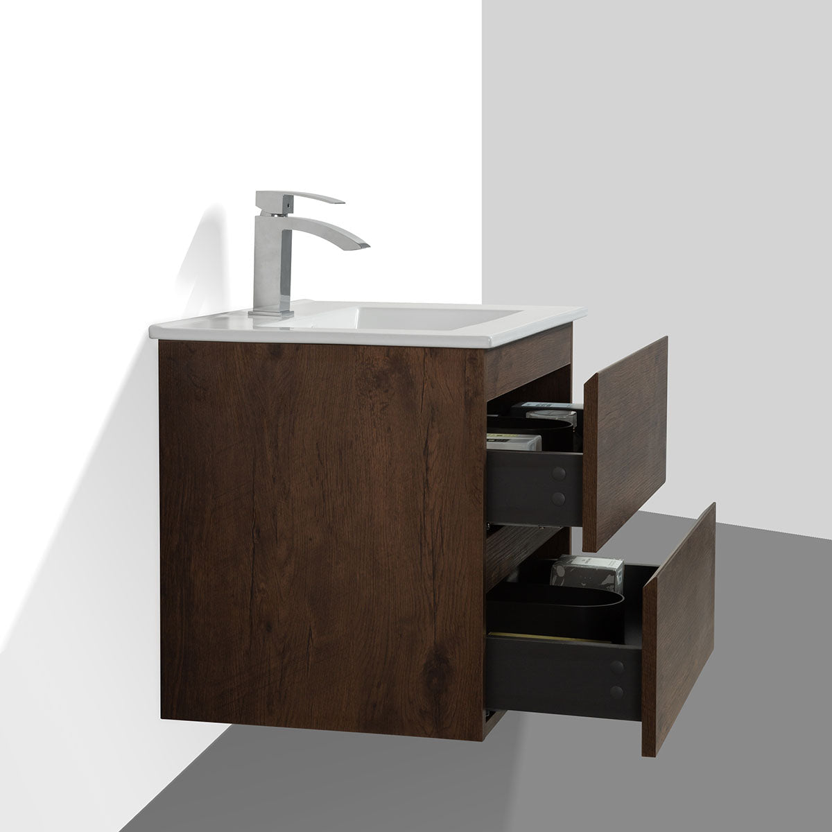 24" Angela Wall Hung Vanity & Ceramic Sink (Rose Wood） V9005 Series - iStyle Bath